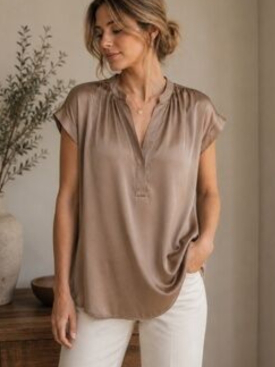 Philosophy Tops - Philosophy Taupe V-Neck Cap Sleeve Blouse